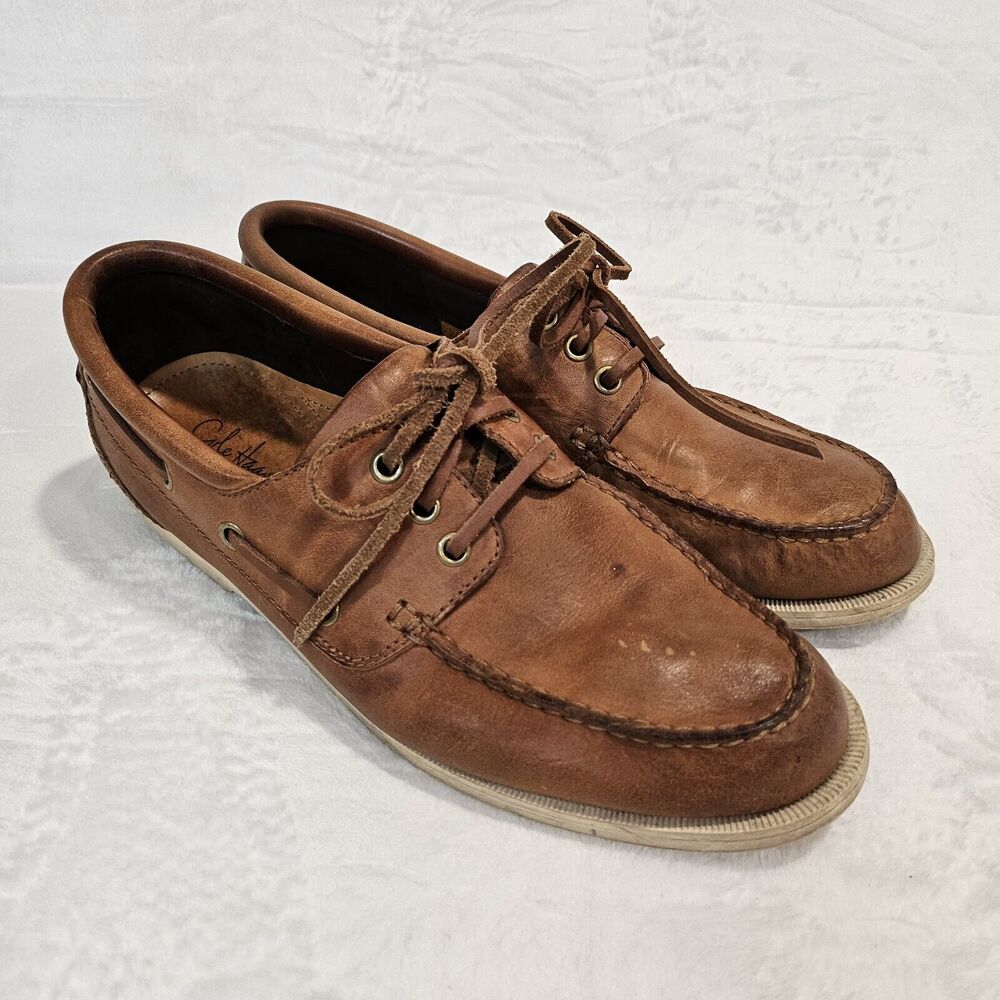 Mens 9.5 Cole Haan Brown Leather Boat Shoes Dock Slip On Vacation Cruise Worn